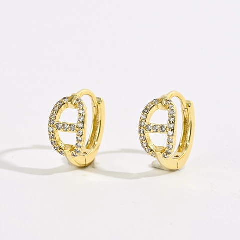 Élégantes Boucles d'Oreilles Créoles en Cuivre Plaqué Or 14K Nez de Porc Zircon Géométrique Chaîne d'Ancre Bijoux Femme