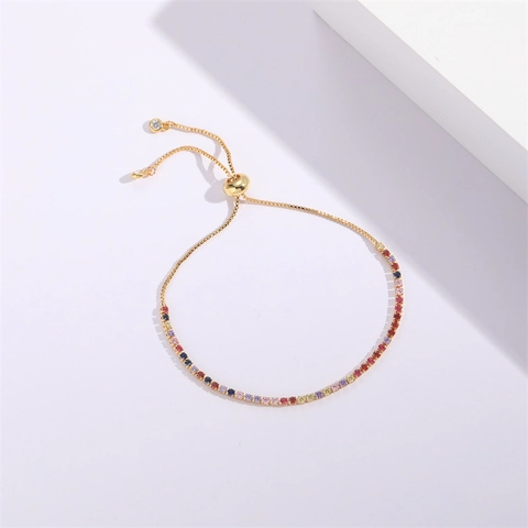 14K Vergoldet Kupfer Zirkonia Regenbogen Armband Für Damen Verstellbar Zugverschluss Bunt Verlauf Stein Tennis Armband Schmuck Geschenk