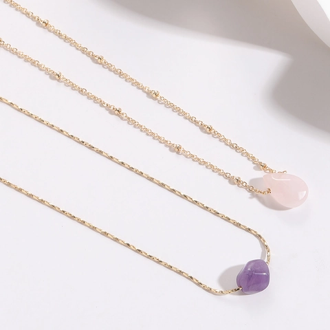 Collar De Colgante De Piedra Natural Cristal Amatista Cuarzo Rosa Cobre Chapado En Oro Joyería Geométrica Irregular Minimalista Para Mujer