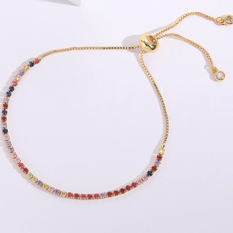 14K Vergoldet Kupfer Zirkonia Regenbogen Armband Für Damen Verstellbar Zugverschluss Bunt Verlauf Stein Tennis Armband Schmuck Geschenk