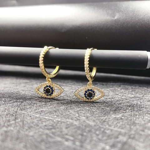 Luxury Evil Eye Zirconia Drop Hoop Earrings For Women 14K Gold Plated Copper Blue Eye Pendant Dainty Fashion Jewelry Gift Accessories