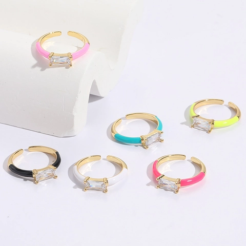 Anillo Abierto de Cobre Chapado en Oro de 14K Zircón Rectangular Esmalte Ajustable Colorido Joyería de Moda para Mujer