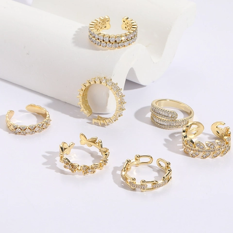 14K Vergoldeter Kupfer Zirkonia Offener Ring Schmetterling Blume Blatt Geometrischer Verstellbarer Ring Für Damen Schmuck