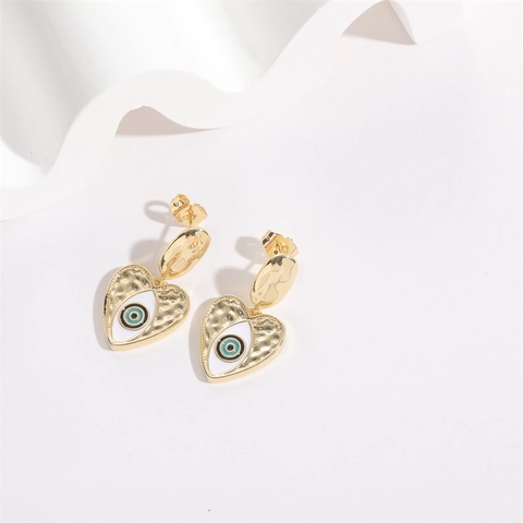 Vintage Heart Evil Eye Drop Earrings 14K Gold Plated Copper With Silver Earring Post Hammered Enamel Jewelry For Women