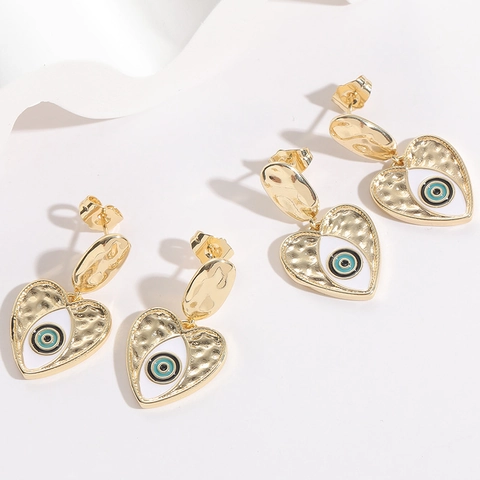Vintage Heart Evil Eye Drop Earrings 14K Gold Plated Copper With Silver Earring Post Hammered Enamel Jewelry For Women