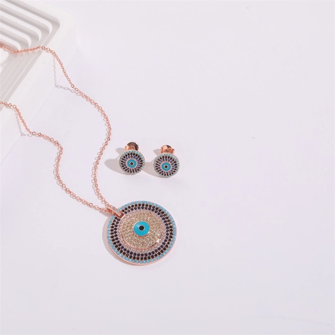 Set di Collana e Orecchini Zirconia Malocchio per Donna Rame Placcato Oro Rosa Ciondolo Rotondo Marquee Gioielli Catena