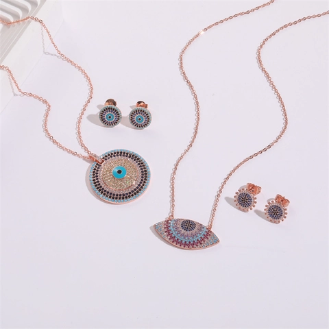 Set di Collana e Orecchini Zirconia Malocchio per Donna Rame Placcato Oro Rosa Ciondolo Rotondo Marquee Gioielli Catena