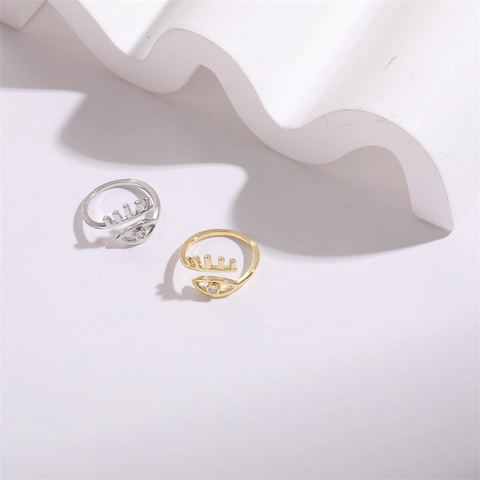 14K Vergoldeter Kupfer Evil Eye Offener Verstellbarer Ring Für Damen Minimalistischer Zirkonia Wimpern Fingerring Modeschmuck