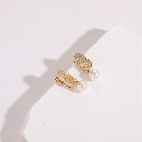 Butterfly Pearl Zirconia Stud Earrings 14K Gold Plated Copper With 925 Sterling Silver Post Shell Inlaid Jewelry For Women