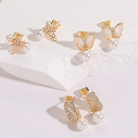 Butterfly Pearl Zirconia Stud Earrings 14K Gold Plated Copper With 925 Sterling Silver Post Shell Inlaid Jewelry For Women