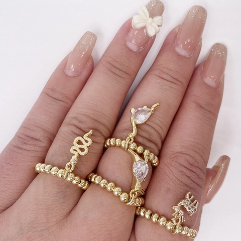 Fashion Copper 14K Gold Plated Beaded Elastic Ring Cute Animal Dinosaur Snake Deer Zirconia Charm Adjustable Women Ring