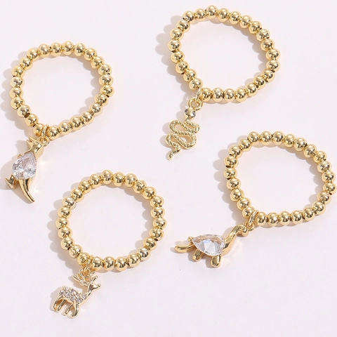 Fashion Copper 14K Gold Plated Beaded Elastic Ring Cute Animal Dinosaur Snake Deer Zirconia Charm Adjustable Women Ring
