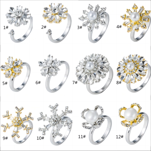 Rotating Snowflake Flower Open Rings For Women Alloy Rhinestone Faux Artificial Pearl Adjustable Fidget Ring Sparkling Christmas Jewelry Gift