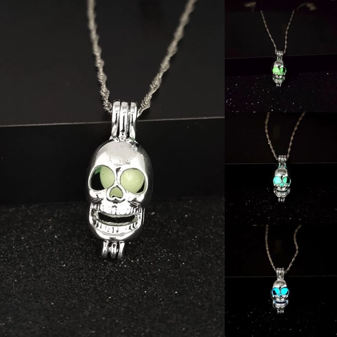 Luminous Skull Pendant Necklace Glow In The Dark Alloy Hollow Skull Gothic Punk Jewelry Halloween Accessory For Women Men
