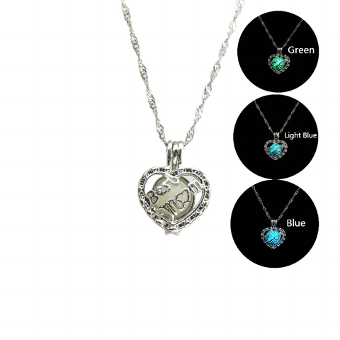 Hollow Heart Luminous Pendant Necklace Silver Plated Alloy Best Mom Letter Glowing Stone Fashion Jewelry Mothers Day Gift