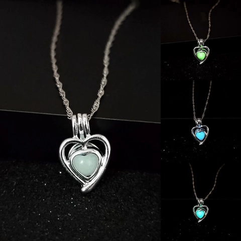 Collier Pendentif Coeur Lumineux en Alliage Cage Creuse Brille Dans Le Noir Pierre Coeur Charme Ras Du Cou Bijoux Saint-Valentin