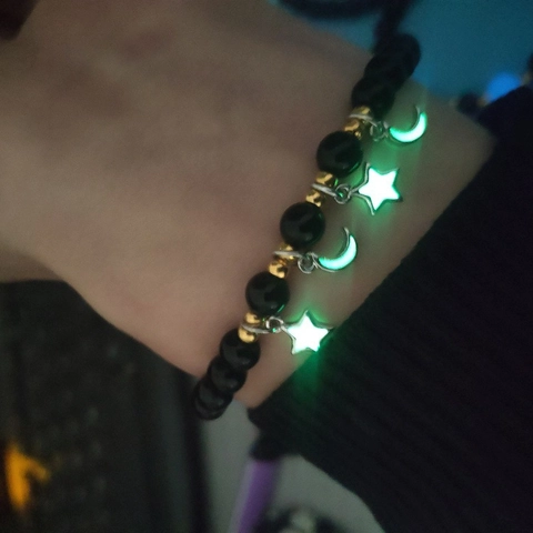 Luminous Black Agate Star Moon Bracelet For Women Men Alloy Beads Elastic Cord Glow In The Dark Fashion Jewelry Gift