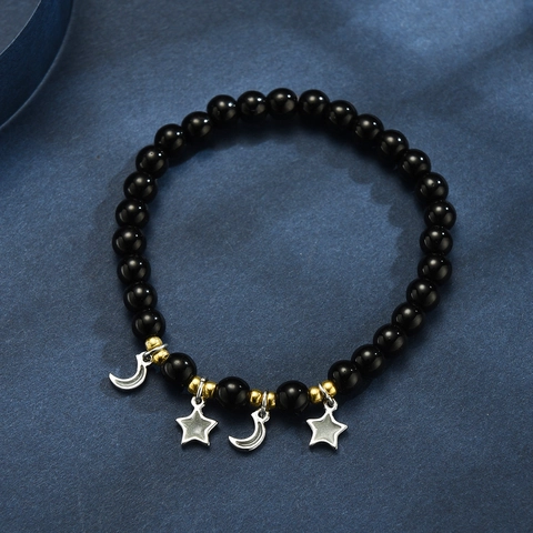 Luminous Black Agate Star Moon Bracelet For Women Men Alloy Beads Elastic Cord Glow In The Dark Fashion Jewelry Gift