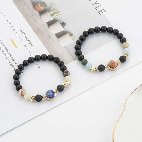 Leuchtendes Sternenhimmel Perlenarmband Legierung Naturstein Lava Rock Galaxie Mond Stern Charm Armband Für Damen Herren Schmuck