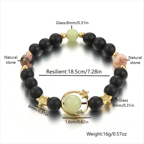 Bracciale di Perline Stellato Luminoso in Pietra Nera Smerigliata con Ciondolo Pianeta Stella Elastico Gioielli Celesti