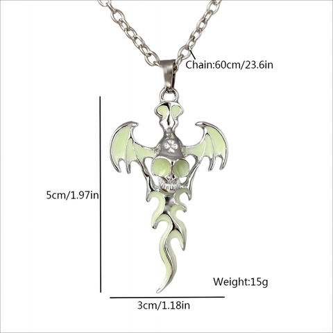 Gothic Luminous Skull Angel Wings Pendant Necklace For Men Halloween Glow In The Dark Alloy Stainless Steel Flame Necklace