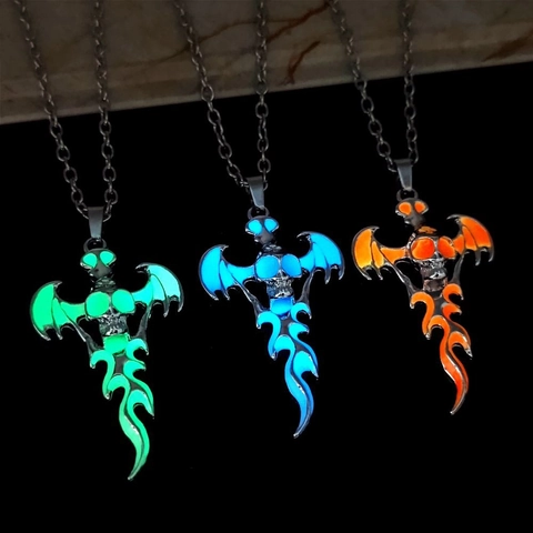 Gothic Luminous Skull Angel Wings Pendant Necklace For Men Halloween Glow In The Dark Alloy Stainless Steel Flame Necklace