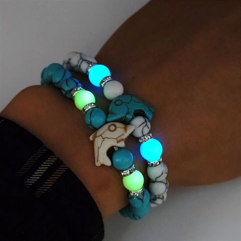Dolphin Luminous Turquoise Beaded Bracelet Glow In The Dark Animal Charm Rhinestone Spacer Elastic Bracelet Jewelry Gift