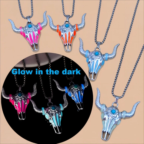 Retro Lichtgevende Stier Hoofd Schedel Hanger Halsketting Voor Mannen Hip Hop Legering Strass Lange Schedel Trui Ketting