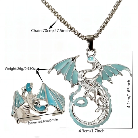 Luminous Dragon Necklace And Ring Glow In The Dark Fantasy Flying Dragon Pendant For Halloween Party Unisex Alloy Jewelry
