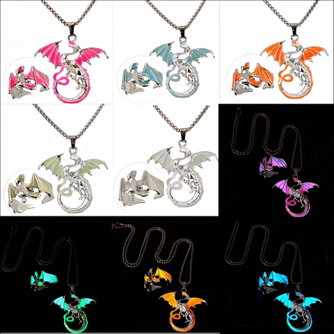 Luminous Dragon Necklace And Ring Glow In The Dark Fantasy Flying Dragon Pendant For Halloween Party Unisex Alloy Jewelry