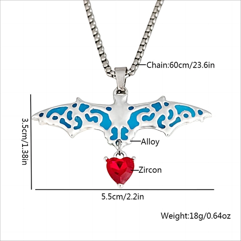 Gothic Halloween Luminous Bat Pendant Necklace With Red Heart Glass Zirconia Hollow Alloy Chain Jewelry For Women Party