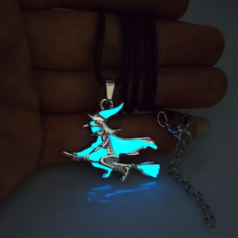 Halloween Witch Riding Broomstick Luminous Pendant Necklace Gothic Glow In The Dark Alloy Jewelry For Women Men Party Gift