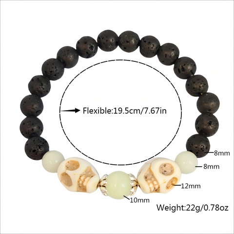 Bracciale Teschio Luminoso in Pietra Vulcanica con Perline Elastico Brilla Al Buio Gioielli Gotici per Festa di Halloween Uomo Donna