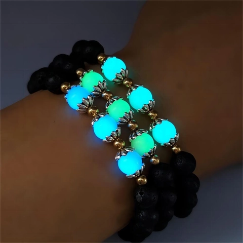Luminous Lotus Lava Stone Bracelet Glow In The Dark Beaded Stretch Bracelet For Halloween Party Anxiety Relief Jewelry