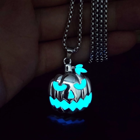 Halloween Luminous Jack-O-Lantern Pumpkin Pendant Necklace Stainless Steel Chain Alloy Glow In The Dark Jewelry For Party Gift