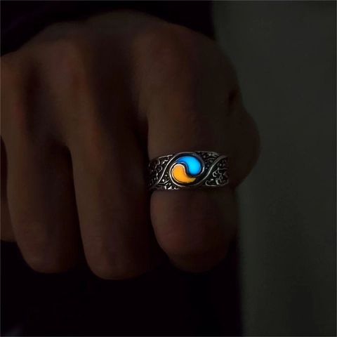 Vintage Zinc Alloy Tai Chi Luminous Ring For Men Women Retro Embossed Relief Adjustable Open Finger Ring Glow In The Dark Jewelry