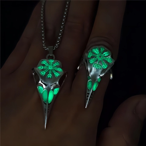 Viking Bird Skull Luminous Jewelry Set Gothic Raven Skull Pendant Necklace Glow In The Dark Open Ring Hip Hop Jewelry Unisex