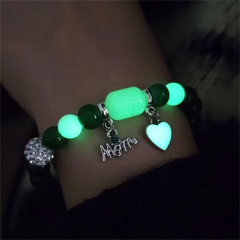 Leuchtendes Glasperlenarmband Mit Herz-Mama-Anhänger Für Damen Strass-Verzierung Im Dunkeln Leuchten Elastischer Perlenschmuck Geschenk