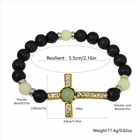 Bracciale a Perline con Croce Luminosa Vintage per Uomo Donna Pietra Vulcanica Glow In The Dark Ciondolo a Croce Strass Gioielli Religiosi Retro