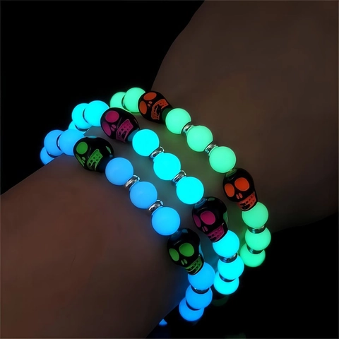 Halloween Luminous Skull Beaded Bracelet Glow In The Dark Glass Beads Bracelet Punk Ghost Head Bracelet For Party Gift