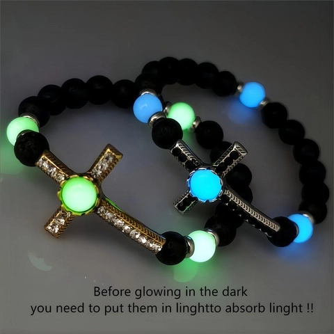 Bracciale a Perline con Croce Luminosa Vintage per Uomo Donna Pietra Vulcanica Glow In The Dark Ciondolo a Croce Strass Gioielli Religiosi Retro