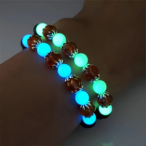 Halloween Luminous Pumpkin Beaded Bracelet Volcanic Lava Stone Glass Glow In The Dark Elastic Bracelet Unisex Jewelry