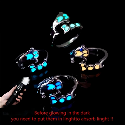 Halloween Luminous Open Ring For Women Men Funny Ghost Cat Paw Boo Pattern Zinc Alloy Glow In The Dark Adjustable Ring Party Jewelry