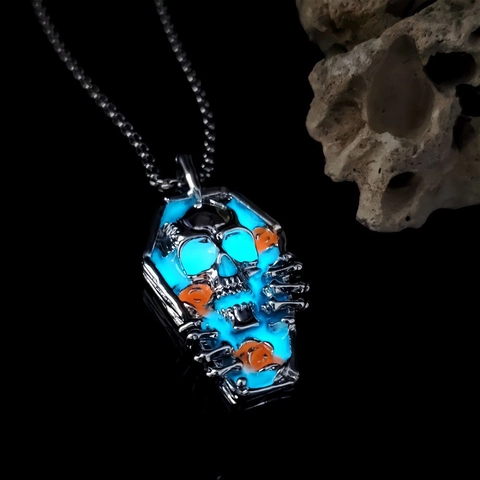 Collar Gótico Ataúd Calavera Rosa Luminoso Brillar En La Oscuridad Aleación Zinc Cadena Acero Inoxidable Joyería Halloween Regalo