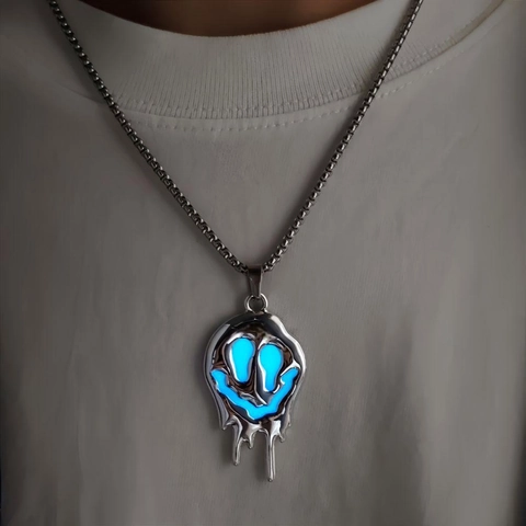 Hip Hop Schmelzendes Smiley Gesicht Leuchtend Anhänger Halskette Zinklegierung Geistergesicht Schmuck Für Halloween Party