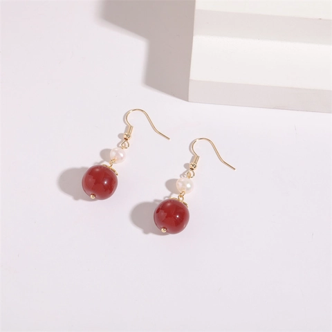 Vintage 14K Vergoldete Kupfer Tropfenohrringe Für Damen Naturstein Rot Süßwasserperle Blume Tablett Hängeohrringe Schmuck