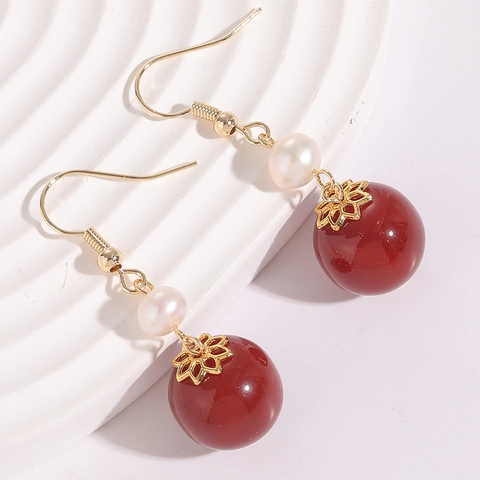 Vintage 14K Vergoldete Kupfer Tropfenohrringe Für Damen Naturstein Rot Süßwasserperle Blume Tablett Hängeohrringe Schmuck