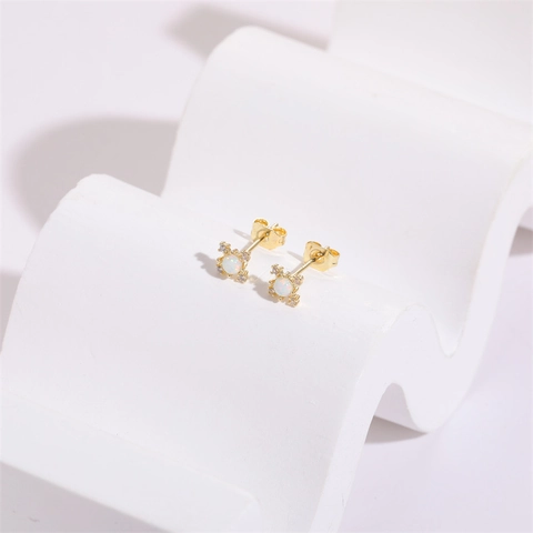 14K Verguld Koper Geometrisch Natuurlijk Opaal Zirkoon Oorknopjes Met Zilveren Oorbel Stift Voor Dames Sieraden