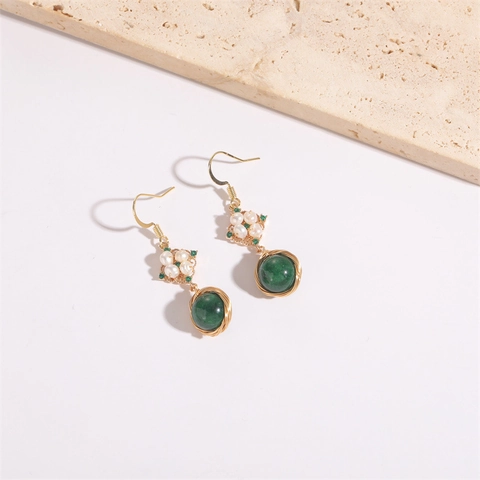 Vintage 14K Gold Plated Copper Earrings With Freshwater Pearl And Agate Geometric Hand Woven Drop Earrings For Women Jewelry