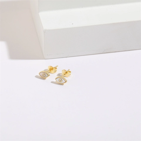Pendientes de Botón de Ojo Turco de Cobre Chapado en Oro de 14K Con Concha y Circón Con Poste de Plata Para Mujer